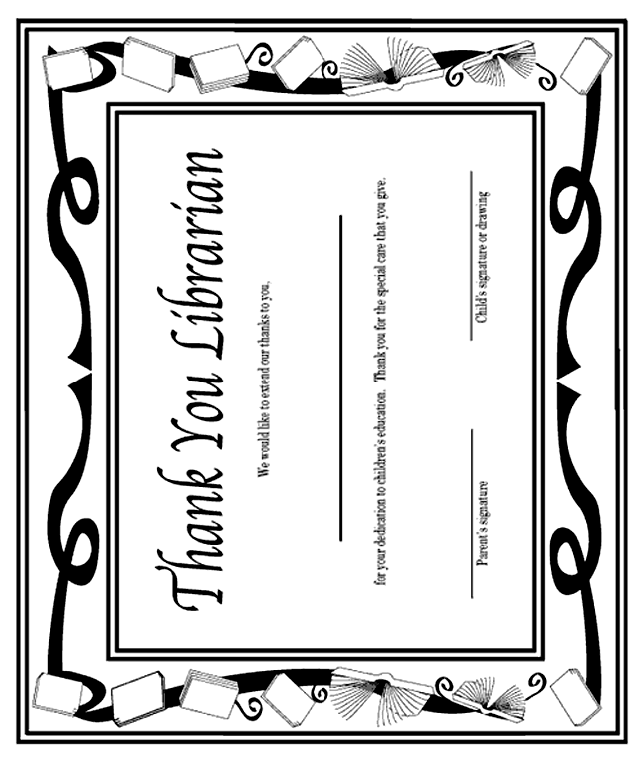 'Thank You, Librarian!' Certificate coloring page